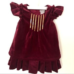 Tahari 3T Dark Red Maroon Burgundy Velvet Gold Sequin Pleated Dress
